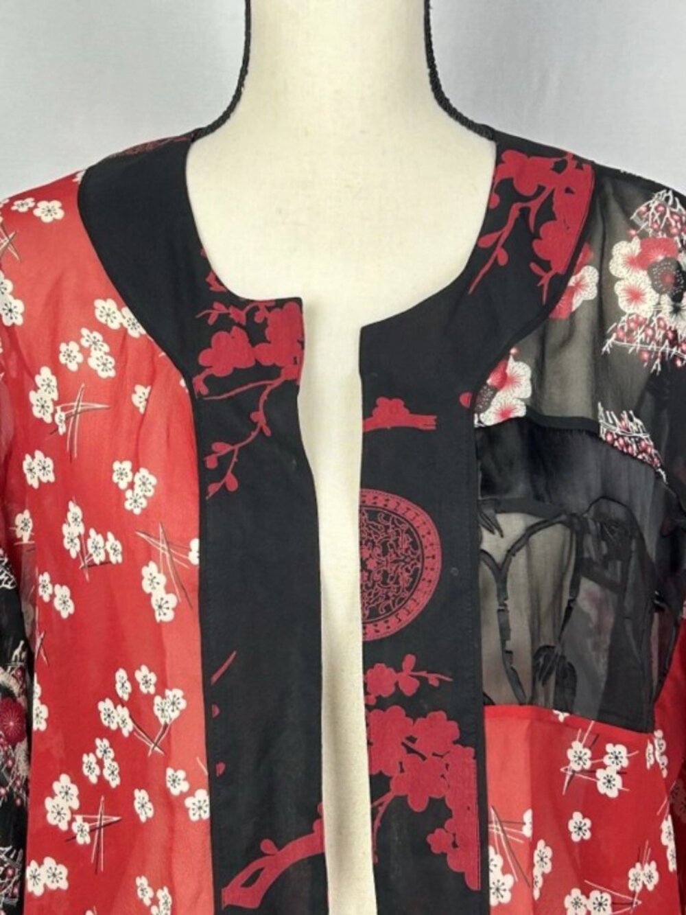 Chicos Silk Open Front Cardigan Kimono M Red Asian Inspired Shrug Sheer Dressy - Picture 3 of 11